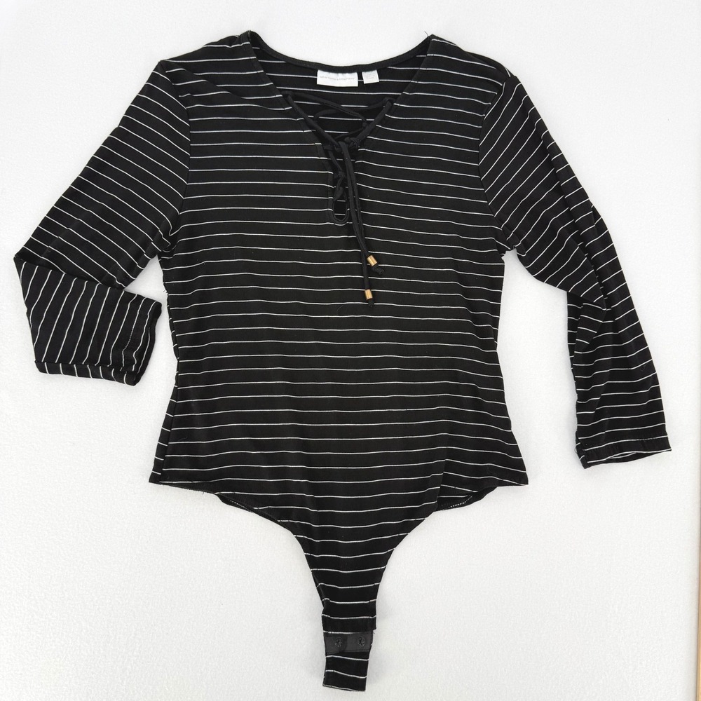 New York & Company Bodysuit Womens Medium Black Striped Lace Up Long Sleeve